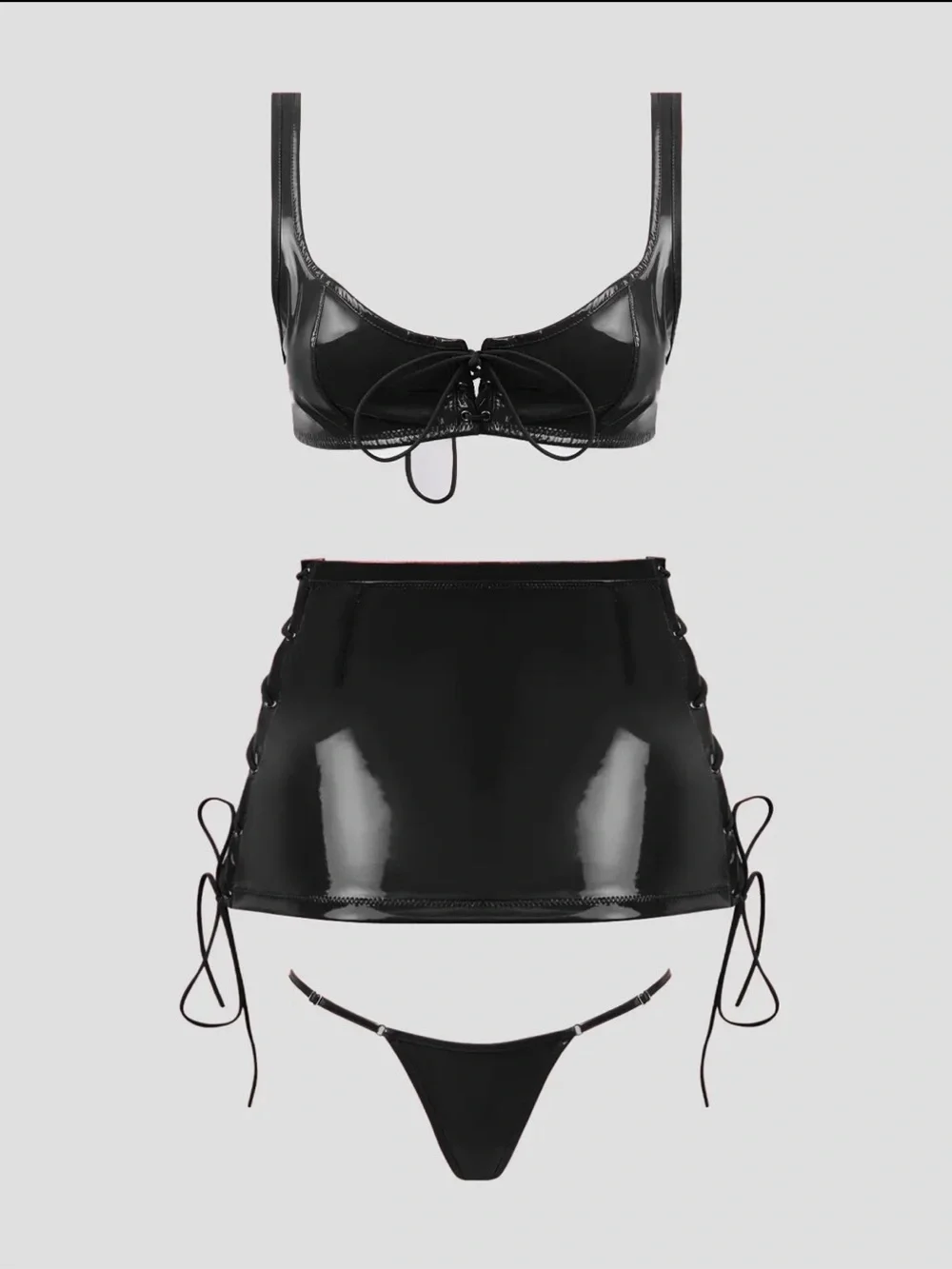 Vinyl 3pc Lace-Up Bralette Mini Skirt & G-String Set | Black | Size L